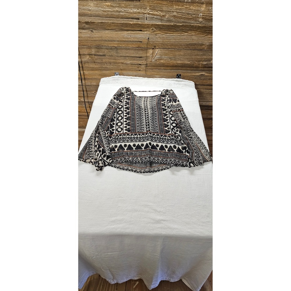 Pink Owl Mixed Print Boho Chiffon Blouse Black White Tan Sheer Top KT14238FAT L